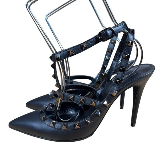 Valentino Garavani Noir Rockstud Caged Pointed Toe Stiletto Heels Size 38.5 - Picture 6 of 12